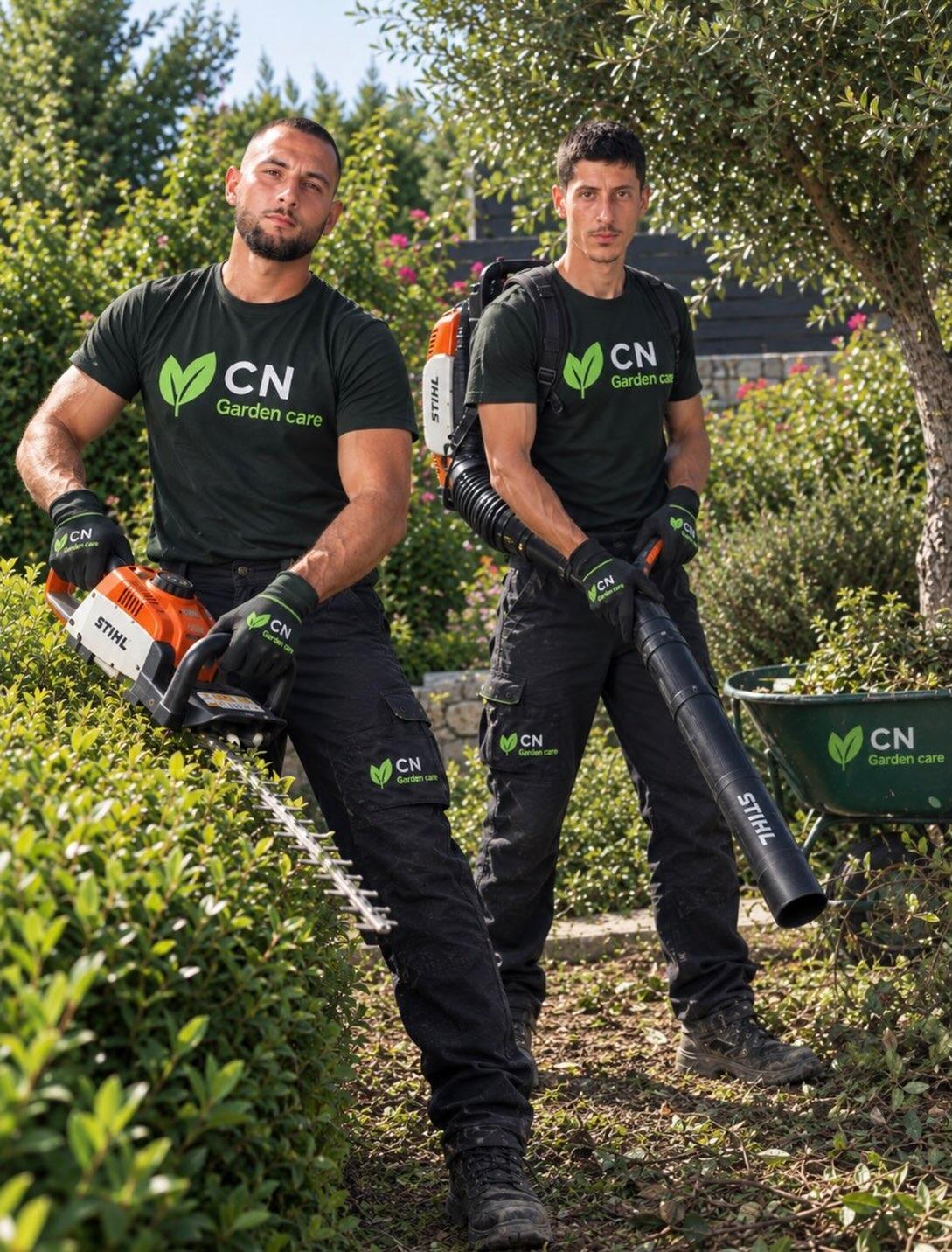 Two CN Garden Care workers with a hedge trimmer and a leaf blower in a garden