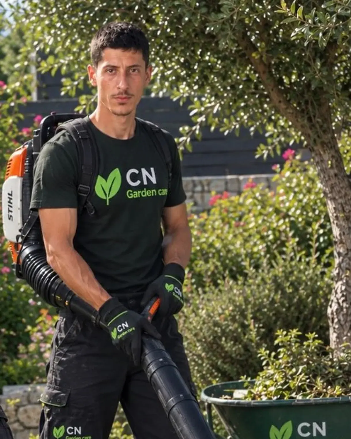 CN Garden Care worker with a leaf blower and wheelbarrow in a trimmed garden